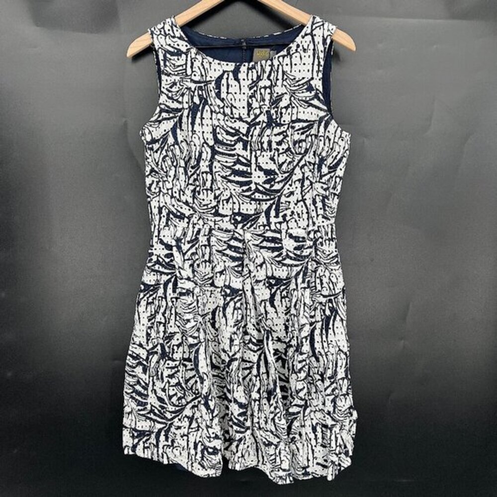 Taylor eyelet lace abstract floral fit &‎ flare dress navy blue white preppy 12